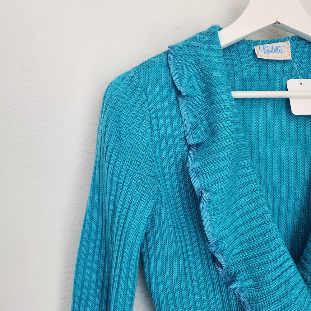 Vintage 70s Blue Teal Knit Ruffle Wrap Cardigan Tie Waist Top S Kentelle - Picture 14 of 16